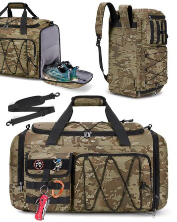 Спортивна сумка RAINSMORE 45L 3-в-1 для фітнесу та подорожей з відділенням для взуття та вологих речей, водонепроникна дорожня сумка (Хакі Камуфляж)