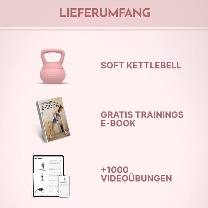 NEOLYMP Soft Kettlebell: м'яка гантеля для дому з регулюванням ваги 2-12 кг (рожева). Безшумна, з амортизацією, з зручною ручкою для фітнесу.