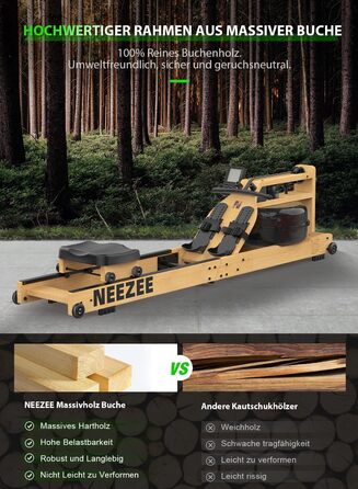 Водний гребний тренажер Neezee для дому, складаний, з масиву дерева, Bluetooth-дисплей, тримач для планшета, навантаження до 200 кг, сумісний з Kinomap