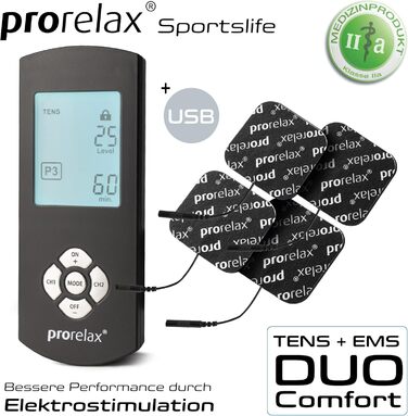 Prorelax TENS/EMS Duo Comfort Blackline: електростимулятор для м'язів та зняття болю | 2 терапії в одному пристрої, великий дисплей