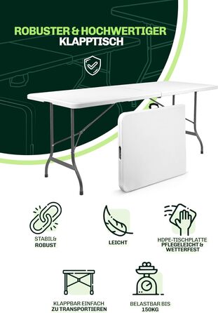 Складаний туристичний стіл Blumixx 180x74x74 - Легкий, стабільний, для кемпінгу, саду, балкону, фестивалів та відпочинку на природі. Погодні умови, 1 шт.