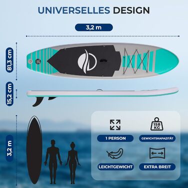 Надувний SUP СерeneLife для дорослих та дітей: комплект з веслом, насосом та сумкою. Touring SUP для плавання по морю, річці та озеру. Максимальне навантаження 155 кг, колір аквамарин.