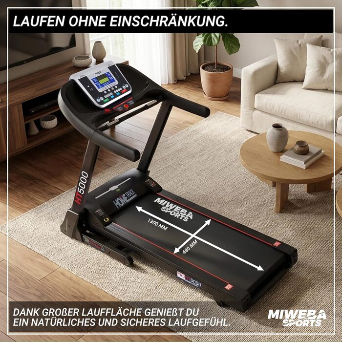 Електричний біговий тренажер Miweba Sports HT5000 | 7 PS, 18 км/год, нахил до 15%, вантажопідйомність 150 кг, з додатком, складаний, велика площа для бігу, 12 програм, для дому, чорний