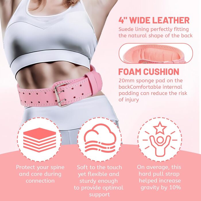 Лляний пояс для важкої атлетики для жінок з підтримкою попереку 10,2 см для пауерліфтингу та присідань (Великий, Рожевий)