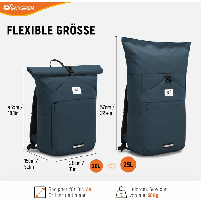 SKYSPER Рюкзак Rolltop для підлітків і дорослих, місткий шкільний рюкзак з відділенням для ноутбука, універсальний міський рюкзак для університету, роботи, подорожей, велоспорту, чоловічий та жіночий