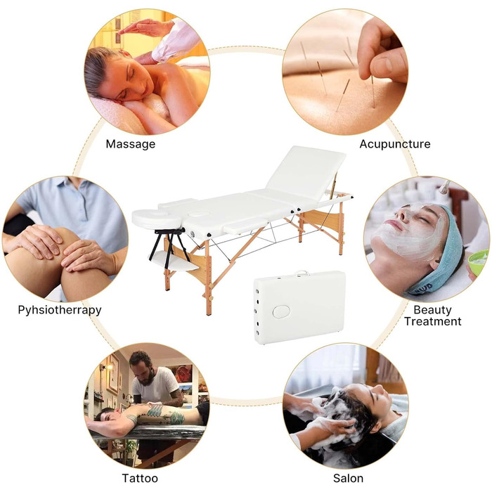Мобільна массажна кушетка Mondeer, складана терапевтична кушетка, легкий масажний стіл, регульована висота, 3 зони (білий)