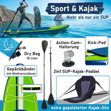 SUP дошка BRAST Shark надувна з аксесуарами: 320x81x15 см, 2-в-1 (каяк-сидіння), помпа, рюкзак, тримач для камери, страхувальний лиш (Зелений)