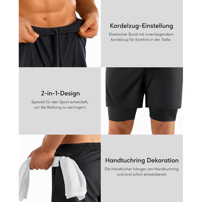 Шорти чоловічі Niksa 2er Pack 2-в-1, спортивні, швидковисихаючі, дихаючі, з кишенею для телефону, чорні, розмір XL