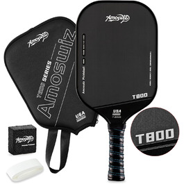 Ракетка для піклболу Amoswiz з карбону, 16 мм, T800 термоформована, для обертання, потужності та контролю, з чохлом та ластиком, подарунок для професіоналів та початківців (чорний)
