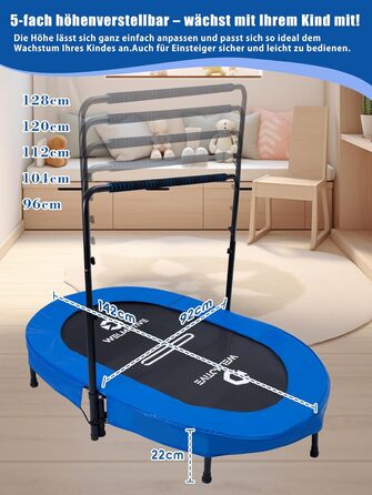 Батут овальний для дому 2 осіб до 150 кг синій з ручкою - фітнес, для дітей та дорослих