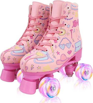 Роликові ковзани XUDREZ з підсвічуванням для дітей та дорослих, рожевий принт, Quad-Skates, регульовані, для дівчаток, дам та початківців, розмір 34