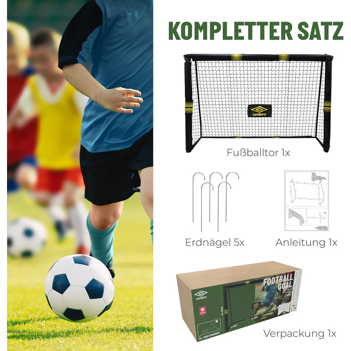 Футбольні ворота Umbro 180x120x60 см металеві для саду, дітей і дорослих, чорні/жовті, для тренувань, для вулиці та приміщення