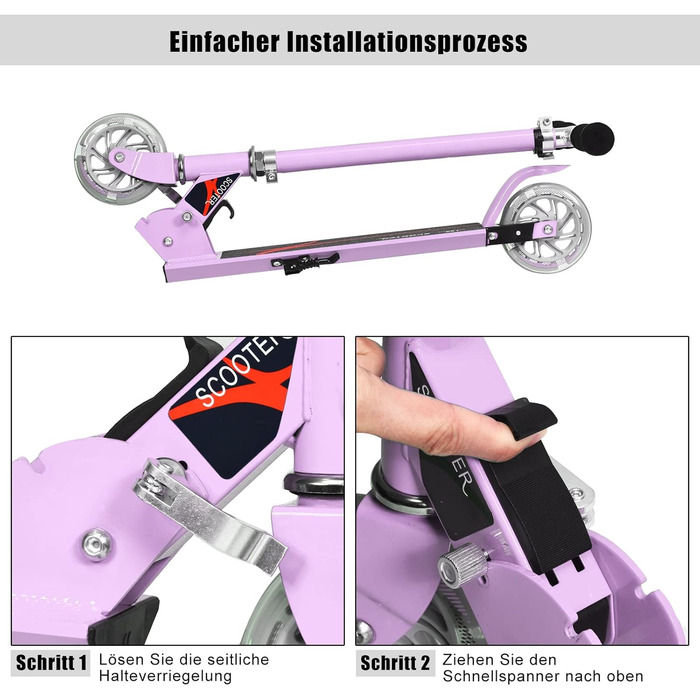 Дитячий ролер COSTWAY з LED-колесами, регульована висота, для дітей від 4 років, до 70 кг, ролер-каталка для хлопчиків та дівчаток (фіолетовий)
