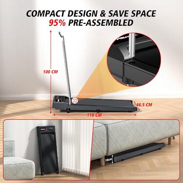 Walking Pad Treadmill Cardirun з нахилом та ручками: компактний біговий тренажер 2-в-1 для дому, 2.5HP, до 136 кг, LED-дисплей, керування через додаток/пульт, чорний з підлокітниками