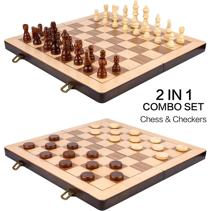 Набір шахів та шашок з дерева 15 дюймів, класичні складані ігри з фетровим внутрішнім відділенням для зберігання, 2 додаткові відсіки для фігурок шашок та шахів