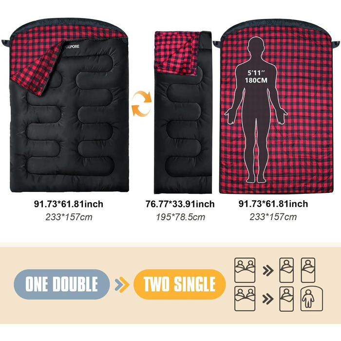 Спальний мішок для двох дорослих з флісу, зимовий, з подушками та сумкою для перенесення, 233*157 см, червоний
