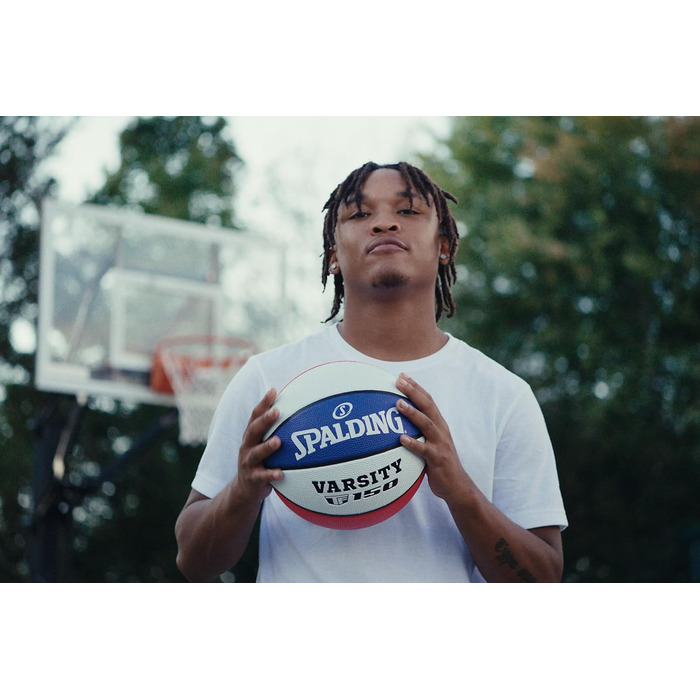 Баскетбольний м'яч Spalding TF-150 Varsity: міцний гумовий матеріал, офіційний розмір, для всіх поверхонь, з рельєфним покриттям Shooter's Seam (червоний, білий, синій)