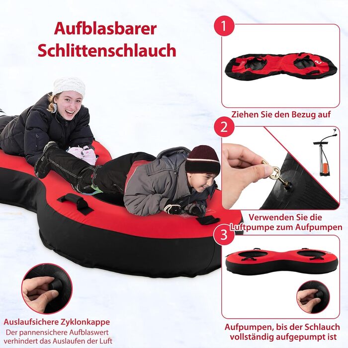 Надувний сніговий санки COSTWAY 200 см для 2 осіб з тросом та насосом, червоний