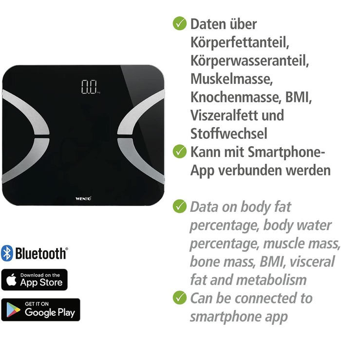 WENKO Ваги-аналізатор тіла з Bluetooth, чорні, скло, вимірювання жиру, води, м'язів, кісткової маси, ІМТ, вісцерального жиру, обміну речовин, LED-дисплей