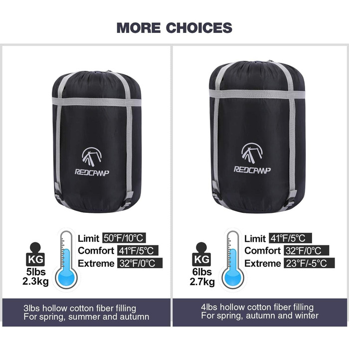 Спальний мішок Redcamp XL з бавовни, теплий, знімний капюшон, фланелевий, компактний, 3-4 сезони, для дорослих та дітей, для кемпінгу, риболовлі, зимовий, блакитний, 2lbs наповнювач (червоний, 3lbs наповнювач)