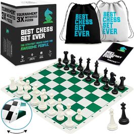 Професійний шаховий набір Best Chess Set Ever 3X з утяжеленими фігурами Staunton (король 10,3 см), силіконовою двосторонньою складною дошкою 50x50 см, для турнірів, дорослих і дітей
