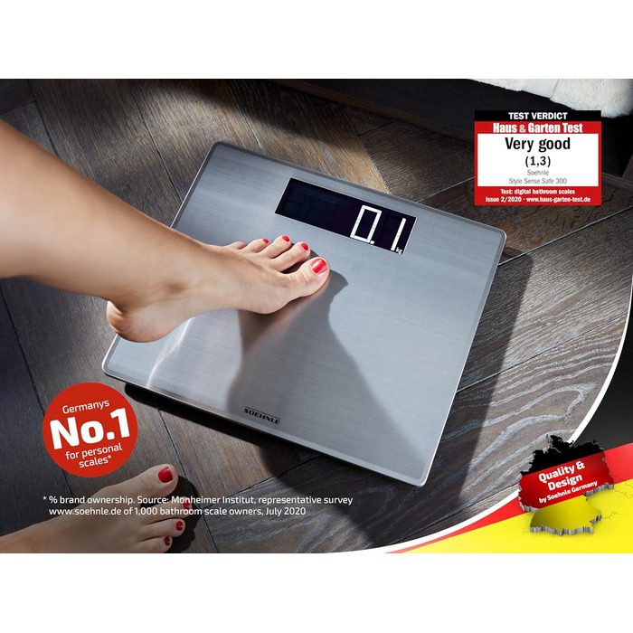 Електронна вага Soehnle Style Sense Safe 300 з великою LCD, нержавіюча сталь, антивідбиткова поверхня