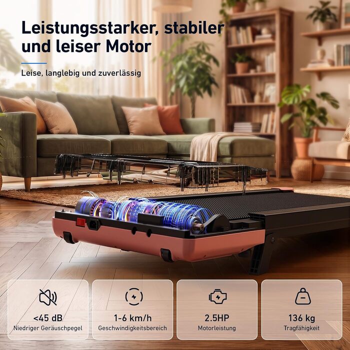 Бігова доріжка DeerRun Walking Pad з ухилом 6%, для дому та офісу, з додатком, LED-дисплеєм та пультом, до 136 кг (Рожева)