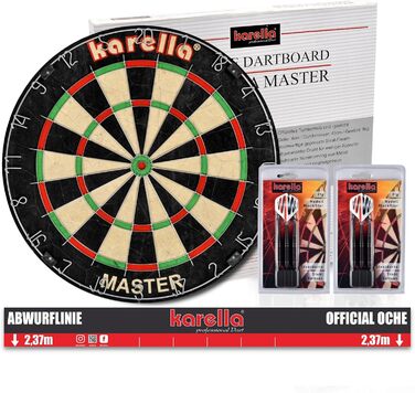 Дартборд Karella Master – професійна турнірна дартс-дошка із сизалю, набір з 2 комплектами дротиків Steeldart Blackstar та лінією кидка, для змагань і домашнього використання