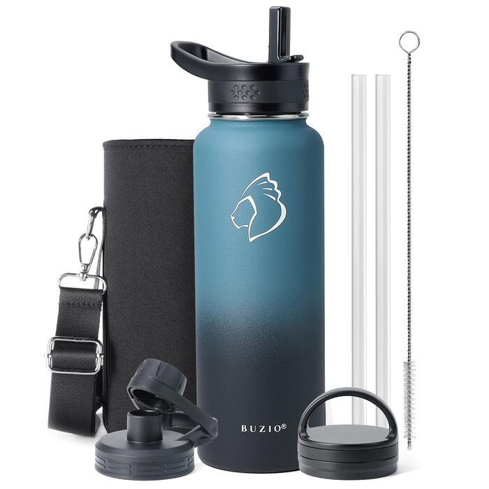 Термос-пляшка Buzio з нержавіючої сталі 1180 мл з трубочкою, ізольована, для спорту, витік захищений, Indigo Black