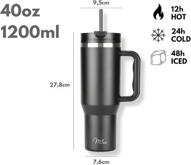 Термокухоль Milu 1200 мл з соломинкою та ручкою, нержавіюча сталь, 40oz, чорний - ізольована пляшка для напоїв на 48 годин холодного/24 години холодного/12 годин гарячого