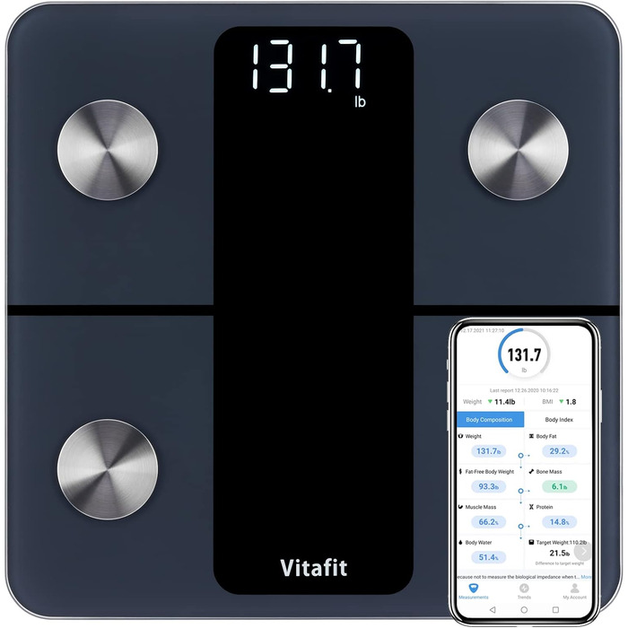 Ваги для аналізу складу тіла Vitafit з Bluetooth, до 180 кг, вимірювання жиру, м'язової маси, ІМТ, білка, BMR, чорні, з додатком