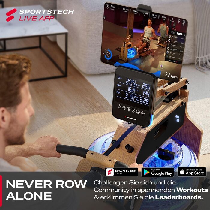 Sportstech WRX1000 OAK Преміум Гребний тренажер Water Rower для дому: з LED-дисплеєм, складною конструкцією, додатком для тренувань та тримачем для планшета. Масивне дерево.
