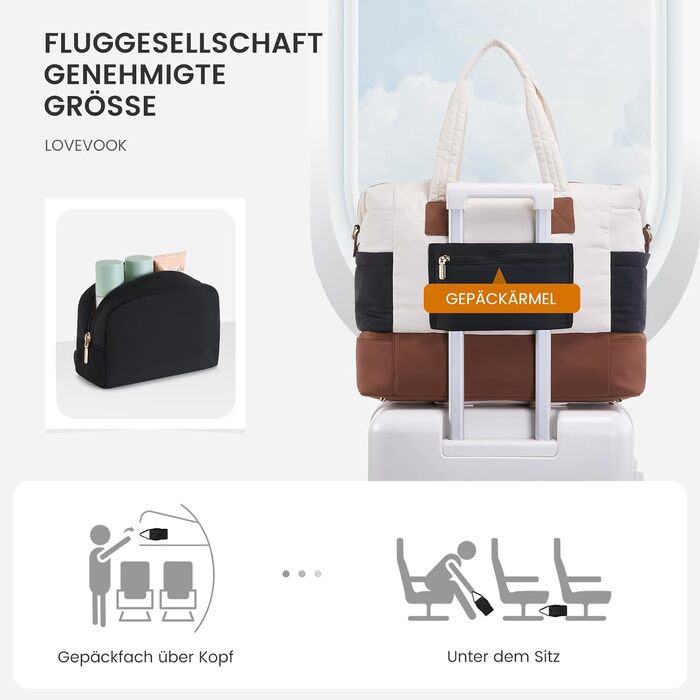 Сумка-вихідні LOVEVOOK для жінок, клінічна сумка, валіза ручної поклажі, легка лікарняна сумка, містка дорожня сумка-мішок з відділенням для взуття та косметичка, спортивна сумка для подорожей (B-чорний, бежевий, коричневий, 52x38x25 см (50 л))