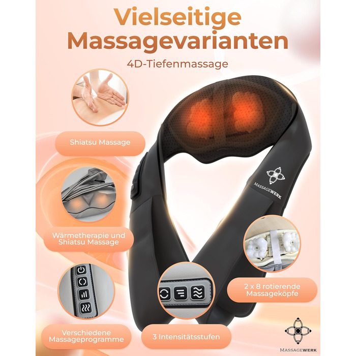 Масажер MASSAGEWERK Shiatsu для шиї та спини, електричний з функцією підігріву, чорний, для зняття м'язових болів та напруги, ергономічний