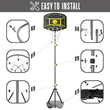 Баскетбольний кошик зі стійкою, комплект. Регульована висота 110-190 см. Ігровий набір для дітей, для гри в приміщенні та на вулиці. Чорно-жовтий колір
