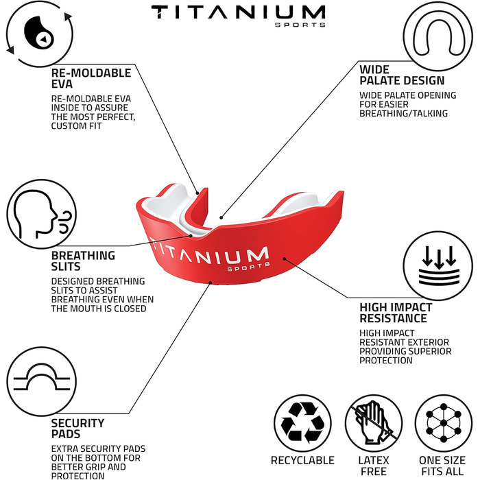 Капа спортивна преміум-якість Titanium - захист щелепи для контактних видів спорту (бокс, ММА, джудо, карате, регбі, хокей, футбол) - червона, з кейсом