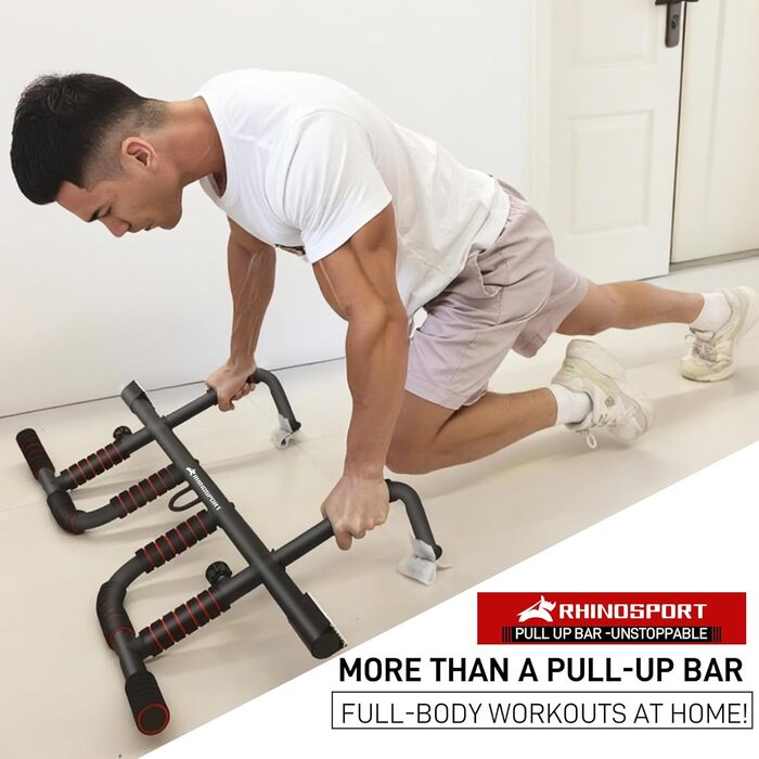 RHINOSPORT Турнік для дверного прорізу – турнік для підтягувань на двері з багатохватним грифом – без свердління, нековзке покриття до 200 кг (440 фунтів) – для дверей 65-92 см