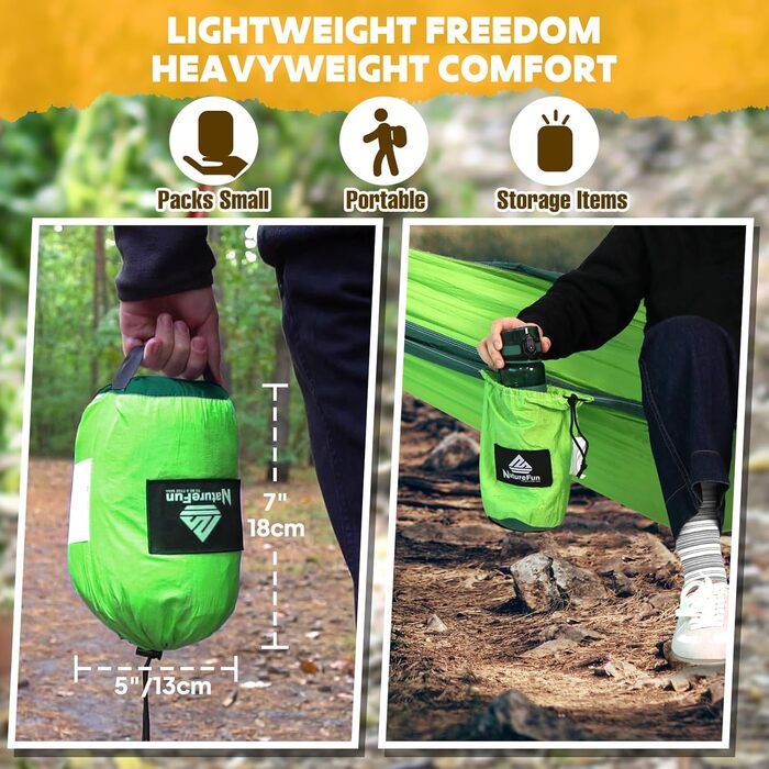 Гамак для кемпінгу NATUREFUN | Легкий, 300 кг, 275x140 см, дихаючий, швидковисихаючий, нейлон, 2 карабіни, 2 петлі, для дому та саду