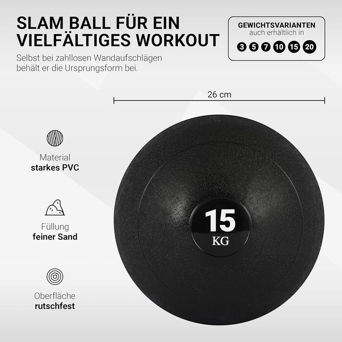 MSPORTS Slam Ball Premium 15 кг – медичний м'яч для кросфіту, чорний, гумовий, для тренувань, вага 15 кг