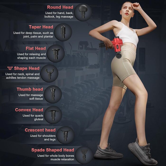 Масажер для м'язів, електричний масажний пістолет з 30 швидкостями та 8 насадками (червоний)