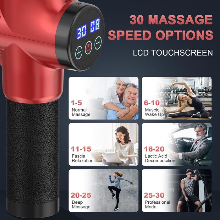 Масажер для м'язів, електричний масажний пістолет з 30 швидкостями та 8 насадками (червоний)