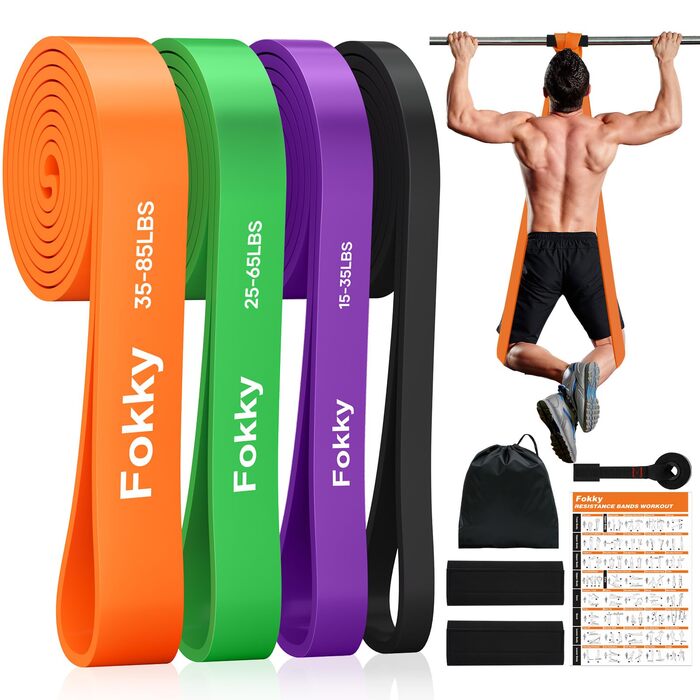 Набір еластичних стрічок Fokky для фітнесу, 4 рівні, з дверним кріпленням та захисними подушечками, для силових тренувань, чорний, фіолетовий, зелений, помаранчевий