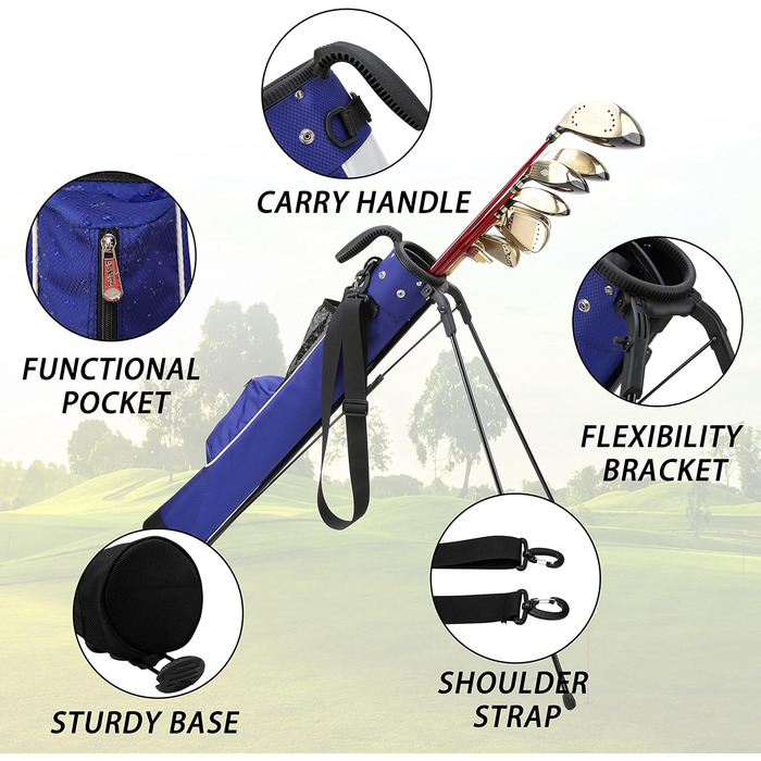 Сумка для гольфу PGM - Легка сумка з ременем та стійкою – Зручна та міцна сумка для гольфу – Сумка-стійка для гольфу для тренувального поля, кортів Par 3 та Executive – Гольф-сумка Gun Bag 2.0 (Blau)