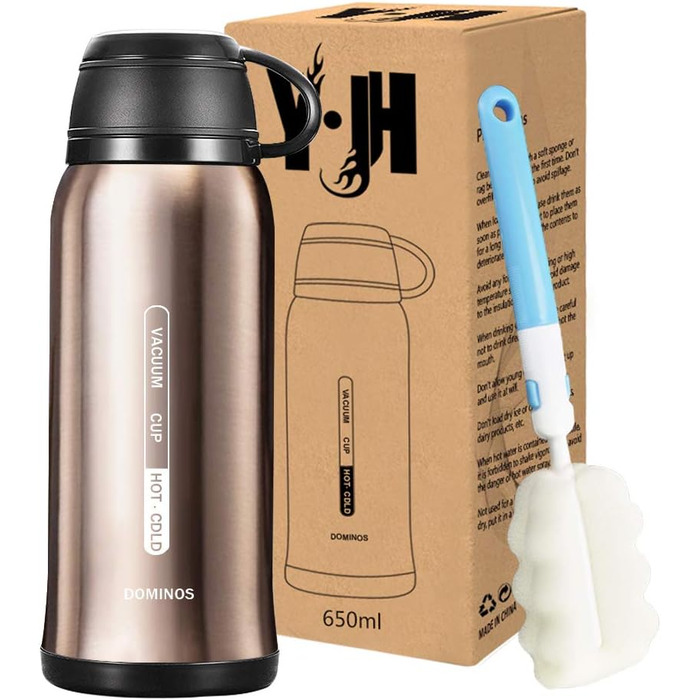 Термос-пляшка Y·J&H з нержавіючої сталі, 650 мл, подвійні стінки, без BPA, з кришкою-чашкою, для гарячих напоїв, для кемпінгу, шампанське золото