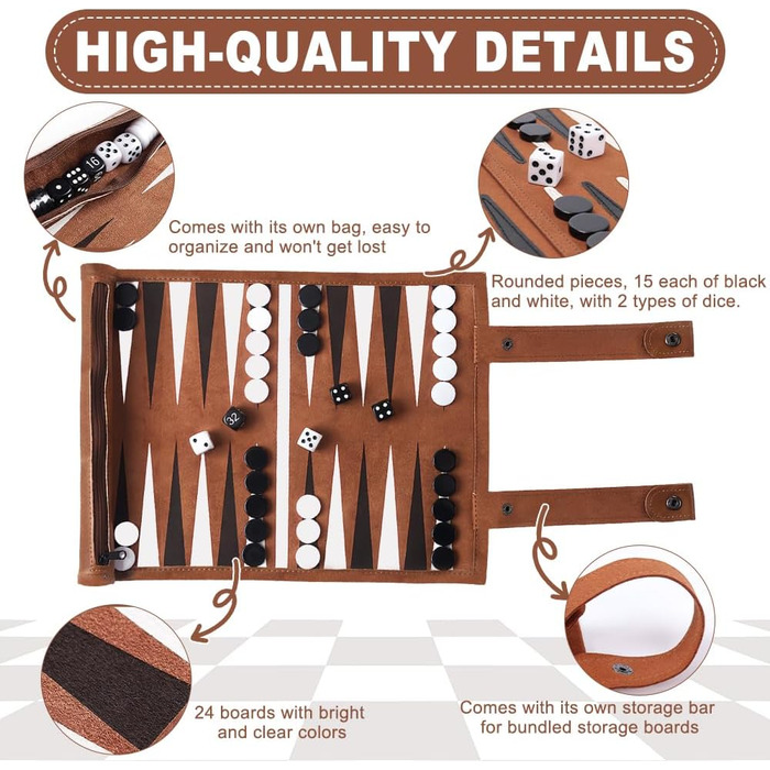 Набір для гри в нарди SGIOO з натуральної шкіри, мікрофібри, з шахами, кубиками та ігровим полем для подорожей, кемпінгу та відпочинку (35.5 * 26 см)