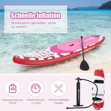 Надувна SUP-дошка COSTWAY 325x76x16 см, до 150 кг, з рюкзаком, насосом, регульованим веслом, страховочним шнуром, еластичним шнуром та ремкомплектом, рожева, без сидіння