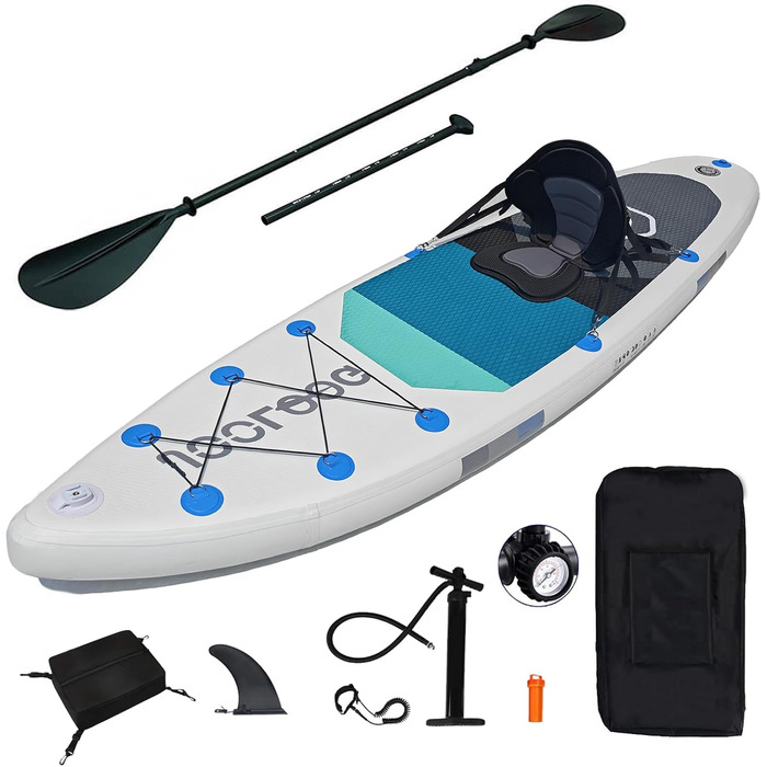 Надувний SUP Board JOOLOOG Stand Up Paddle Board 300 кг, 6 дюймів товщини, з аксесуарами для веслування для дорослих та підлітків, довжина 10'2/10'5', 320 x 81 x 15 см, зелено-сірий колір (білий/чорний з сидінням)