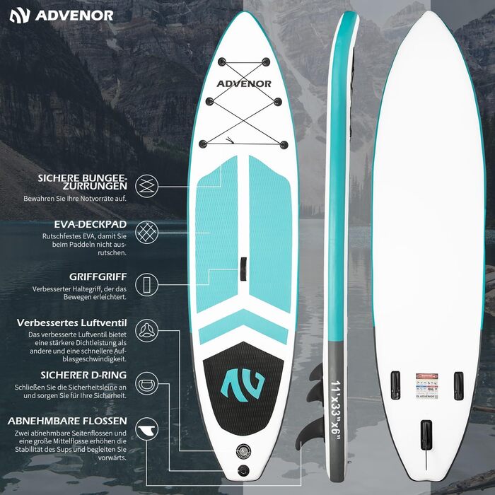 Надувний SUP-борд ADVENOR з аксесуарами: весло, рюкзак, насос, лінія, сумка, ремкомплект (зелений)