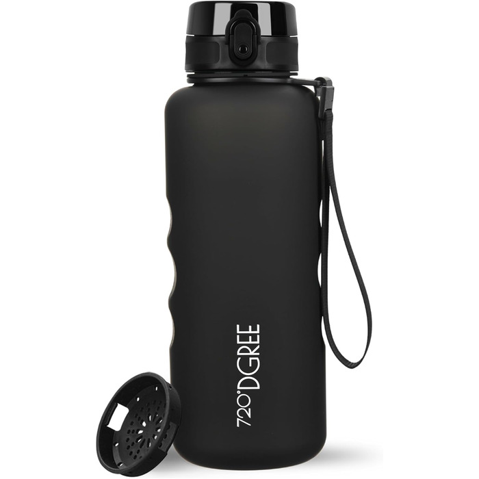 Спортивна пляшка для води 720°DGREE uberBottle 1,5 л з мотиваційною шкалою, ситечком, знімною ручкою, Tritan, BPA Free, герметична, чорна