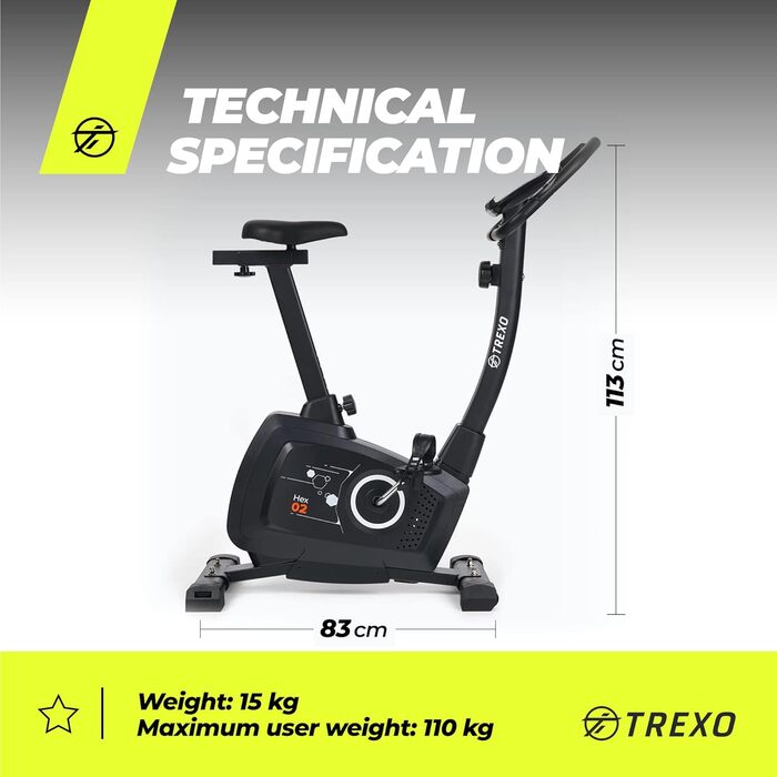TREXO Hex стаціонарний велотренажер з комп'ютером, магнітною системою навантаження, міцна конструкція, маховик 4 кг, чорний EB-H02